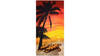 Beach towel with palm trees, turtles and sunset design