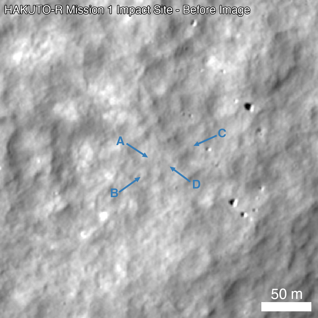 GIF showing before-and-after views of the same gray patch of the moon's surface, with slight changes showing where Japan's private Hakuto-R lander crashed.