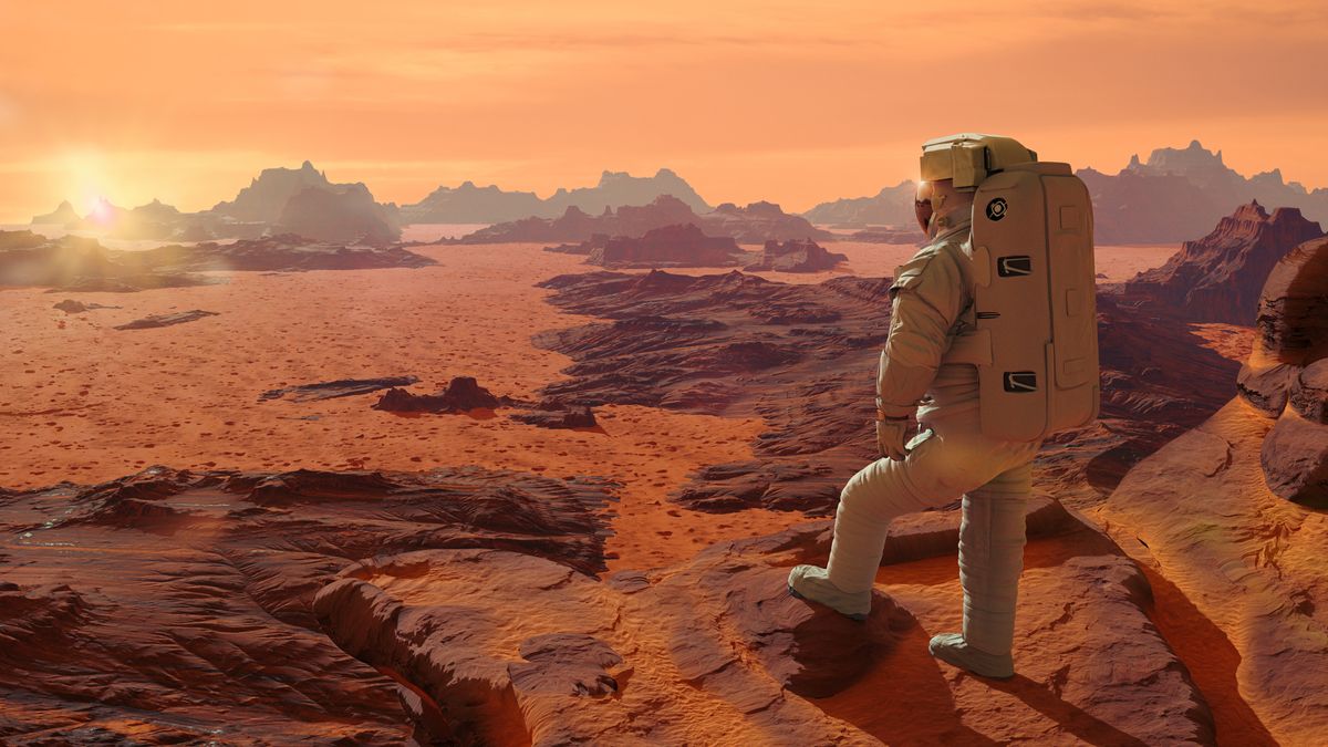 Artist&#039;s impression of an astronaut on Mars.