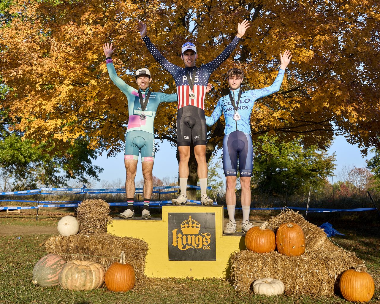 Kings CX C2 race 2023 men's elite podium: Curtis White (Steve Tilford Foundation Racing) first, Scott Funstone (WTB/Pivot Off Road) second and Luke Valenti in third
