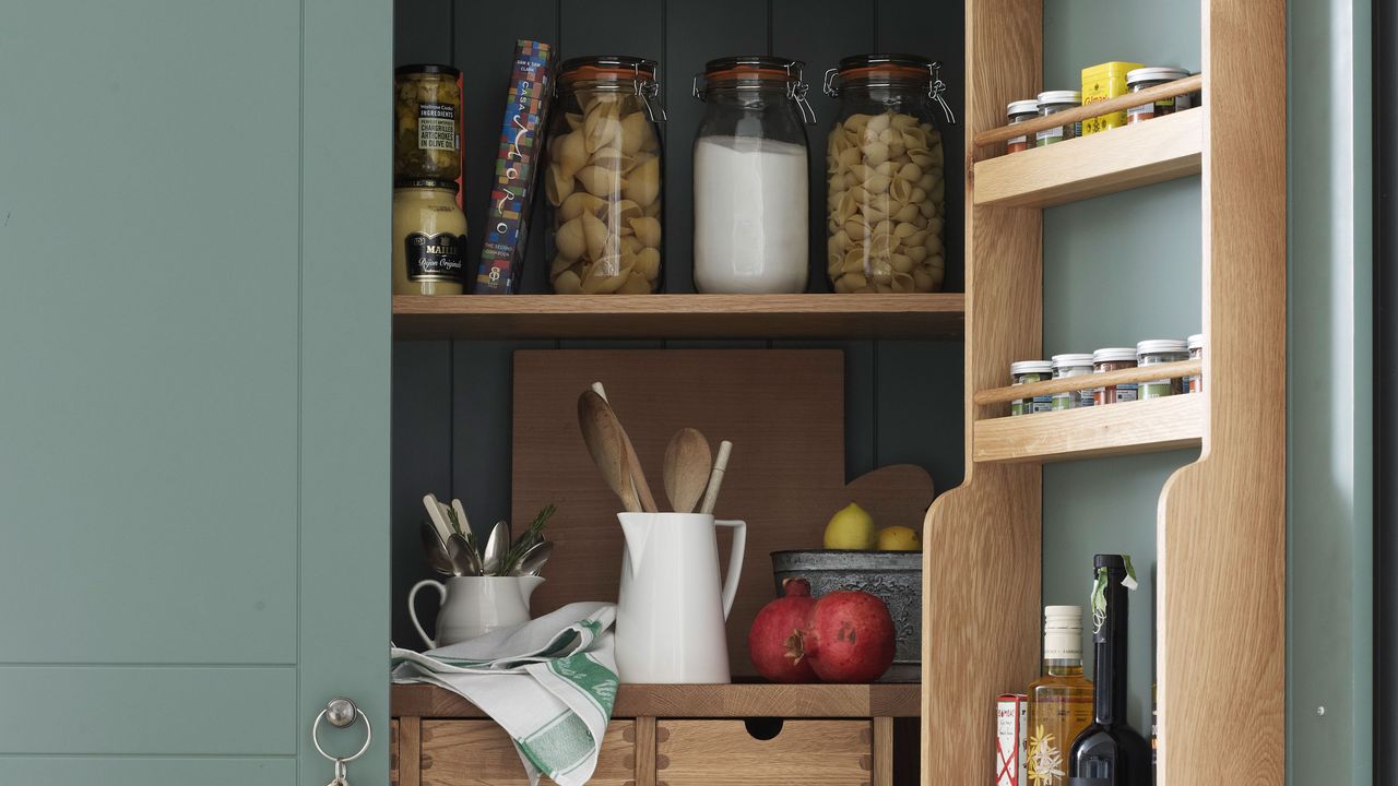 kitchen cabinet with shelving and spices