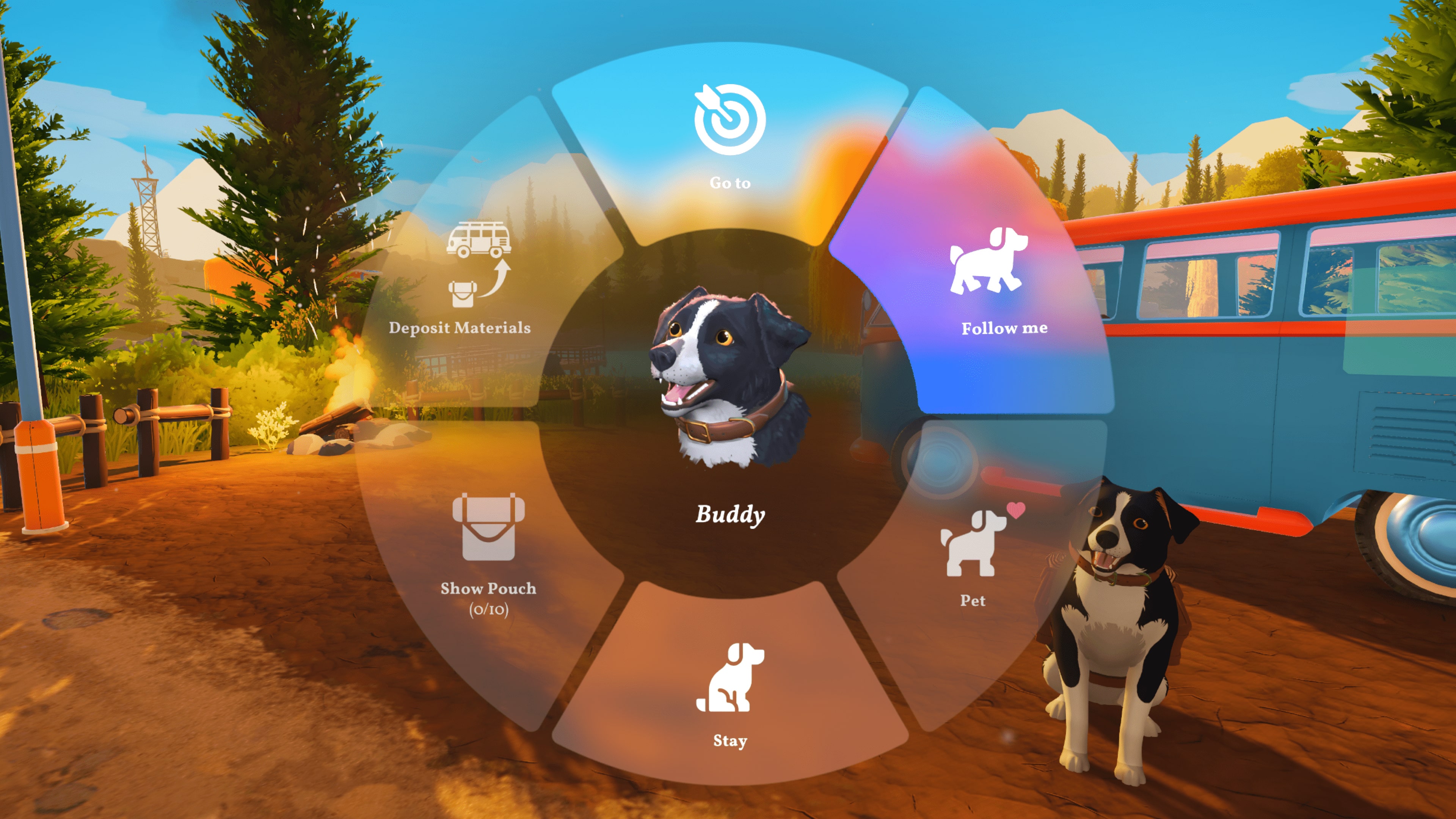 Outbound screenshots showing gameplay of a camper van with unique structures built upon it and dog companion mechanics.