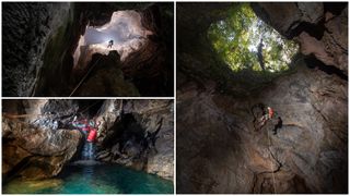 three pictures showing different views of one of the descent into one of the deepest caves in the world