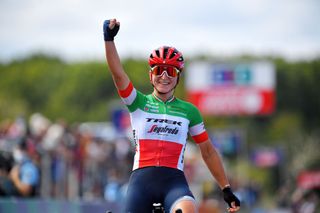 PLOUAY FRANCE AUGUST 30 Elisa Longo Borghini of Italy and Team Trek Segafredo celebrates winning during the 20th GP de Plouay Lorient Agglomration Trophe Ceratizit 2021 a 1504km one day race from Plouay to Plouay GrandPrixPlouay OuestFrance on August 30 2021 in Plouay France Photo by Luc ClaessenGetty Images