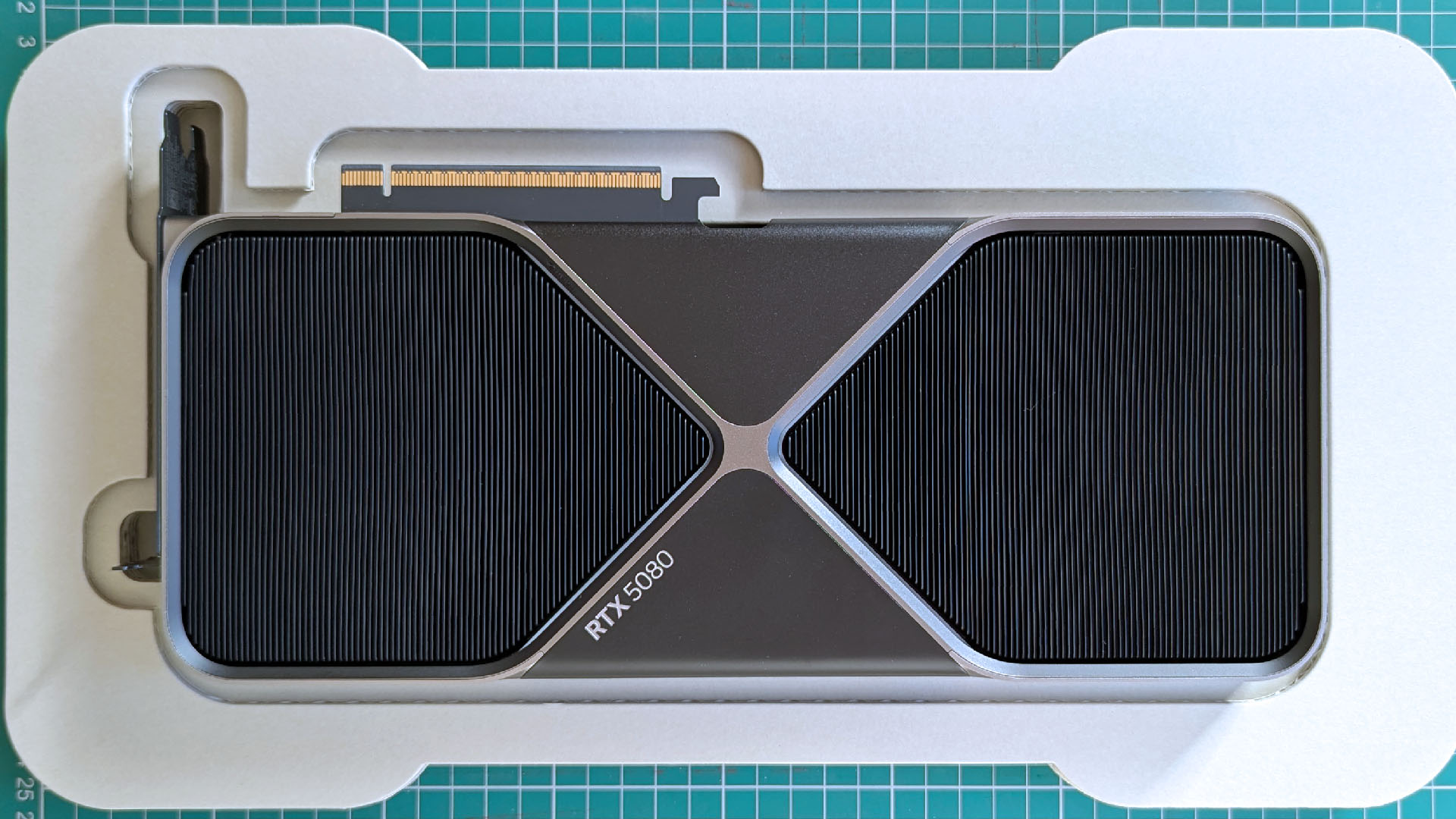 NVIDIA GeForce RTX 5080 Founders Edition showing heatsink fins