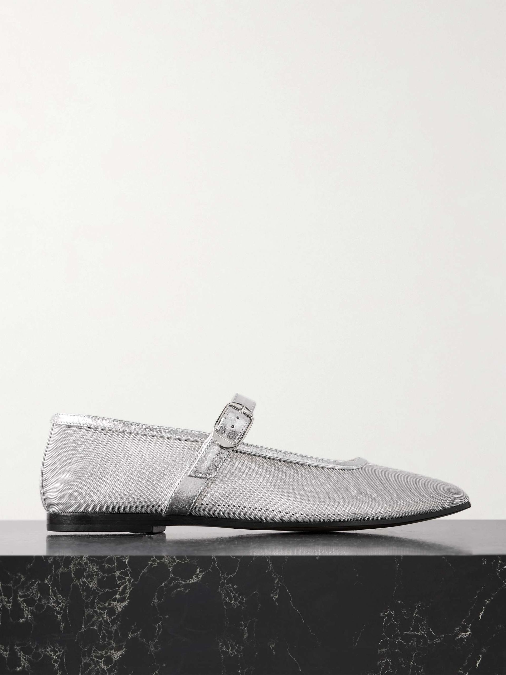 Metallic Leather-Trimmed Mesh Mary Jane Ballet Flats