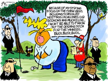Political Cartoon U.S. Trump golf Yankees first pitch coronavirus