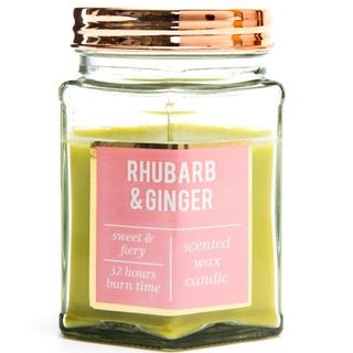 rhubarb and ginger candle in glass jar