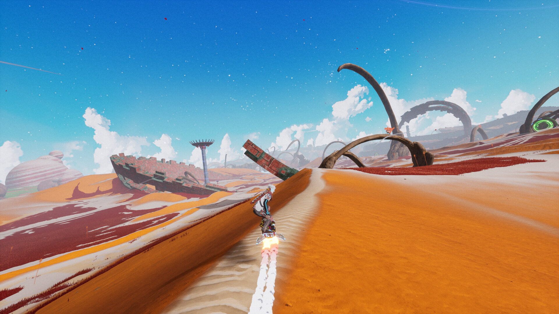 Star Overdrive screenshot of protagonist Bios surfing on a hoverboard over sandy dunes