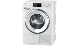 A white Miele dryer on a white background