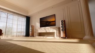 Wharfedale Aura 3 floorstanding speakers in large room either side of TV