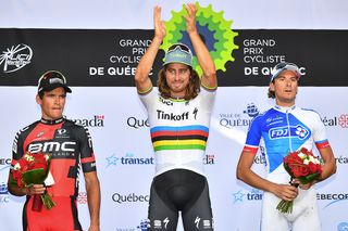 Peter Sagan on the Grand Prix Cycliste de Quebec podium with Greg Van Avermaet and Anthony Roux