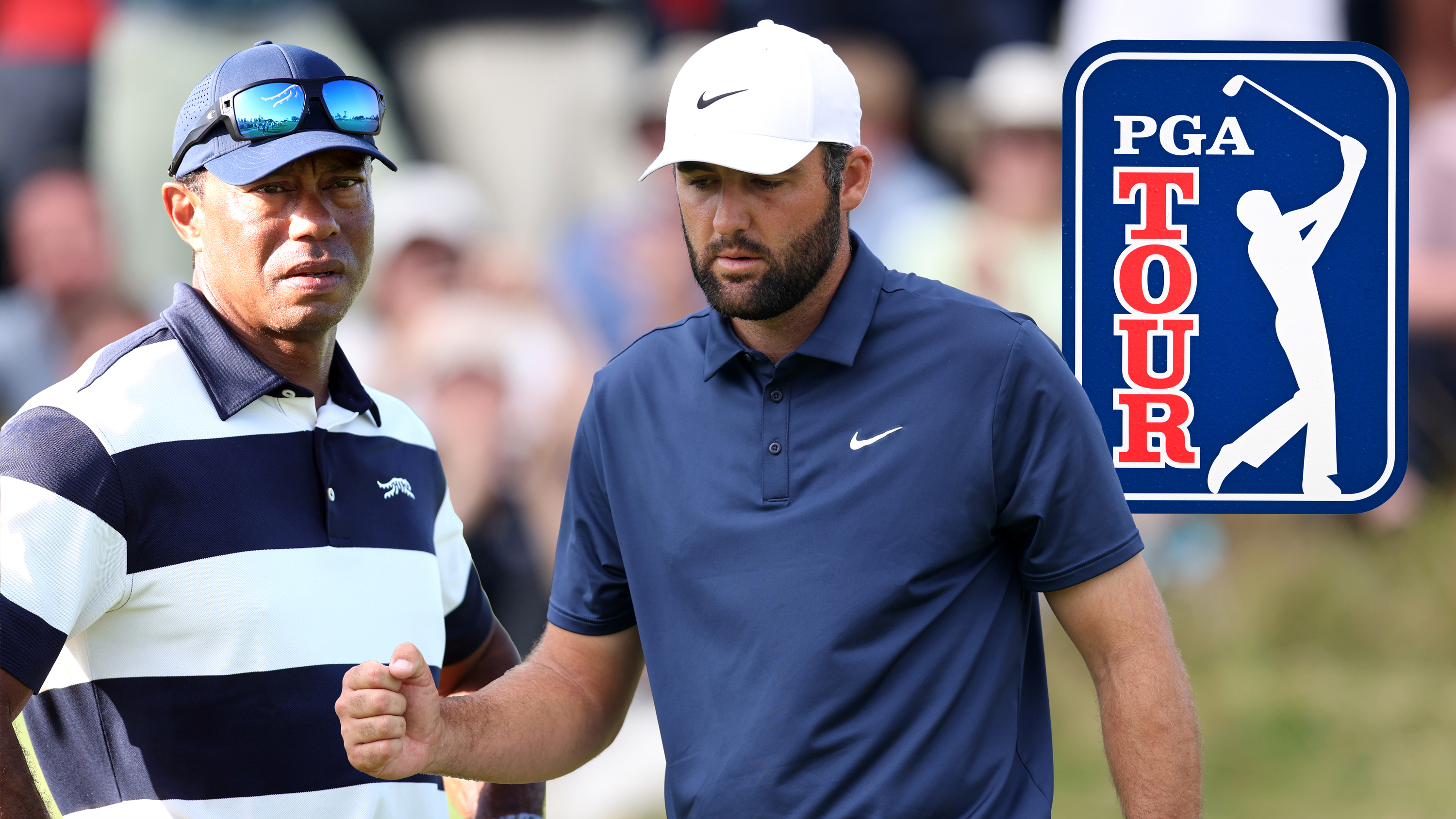 Scottie Scheffler fist pumping in celebration in front of an image of Tiger Woods and an inset image of the PGA Tour logo