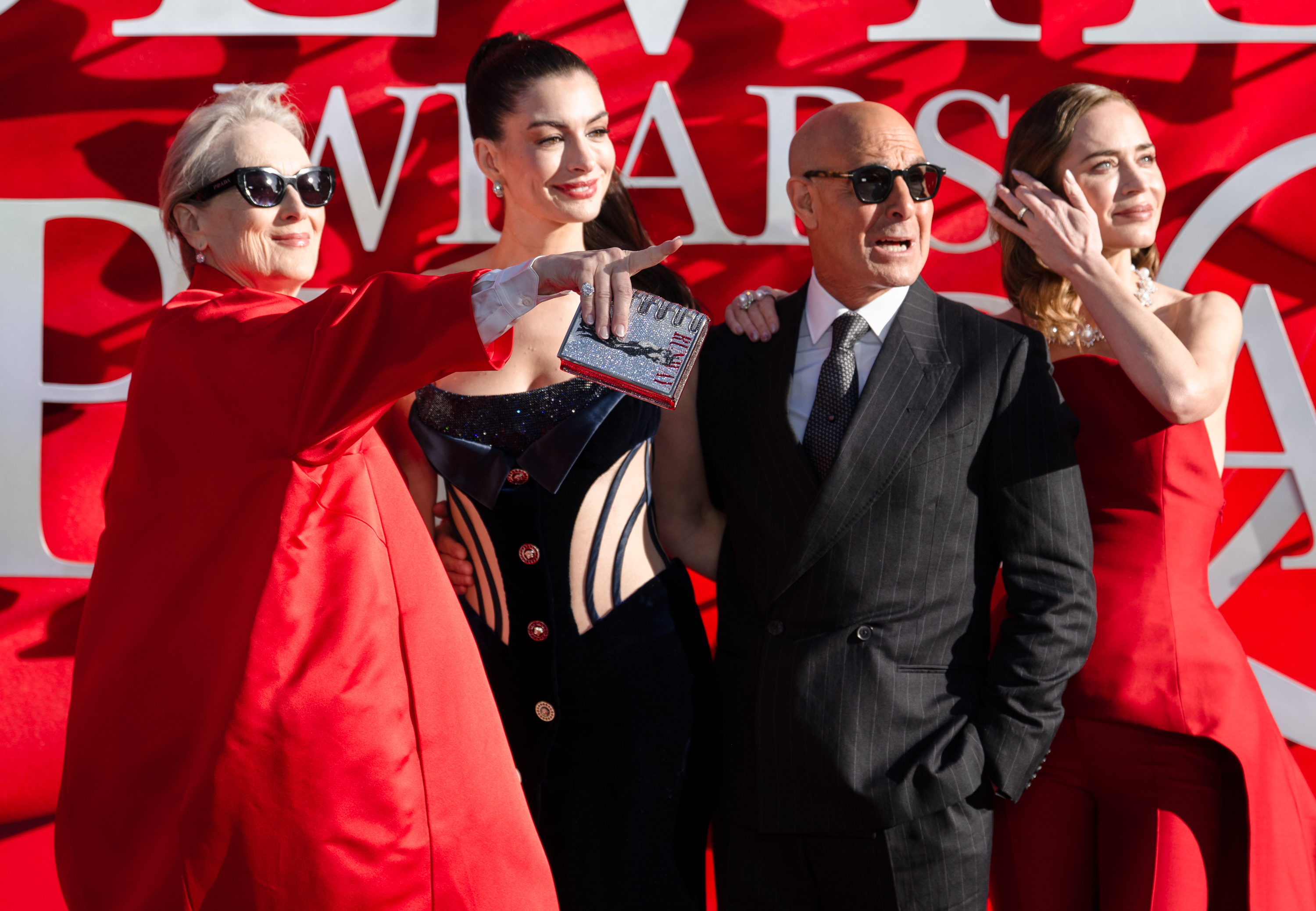 (L-R) Meryl Streep, Anne Hathaway, Stanley Tucci and Emily Blunt attend The Devil Wears Prada 2; European Premiere inside Leicester Square on April 22, 2026 in London, England.