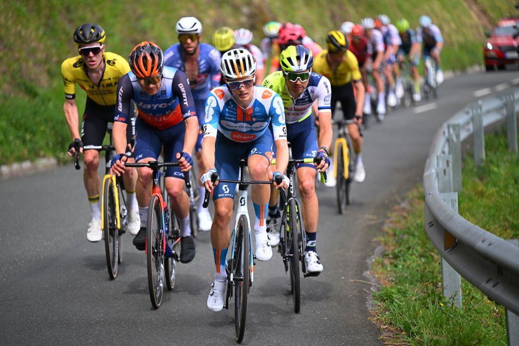 EIBAR SPAIN APRIL 06 LR Oscar Onley of The United Kingdom and Team dsmfirmenich PostNL and Rein Taaramae of Estonia and Team Intermarche Wanty compete in the breakaway during the 63rd Itzulia Basque Country 2024 Stage 6 a 1378km stage from Eibar to Eibar UCIWT on April 06 2024 in Eibar Spain Photo by Tim de WaeleGetty Images