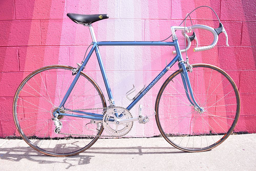 Austro-Daimler ridden by both Davis Phinney and Connie Carpenter is on display at Vecchio's, a cool bike shop in Boulder, Colorado