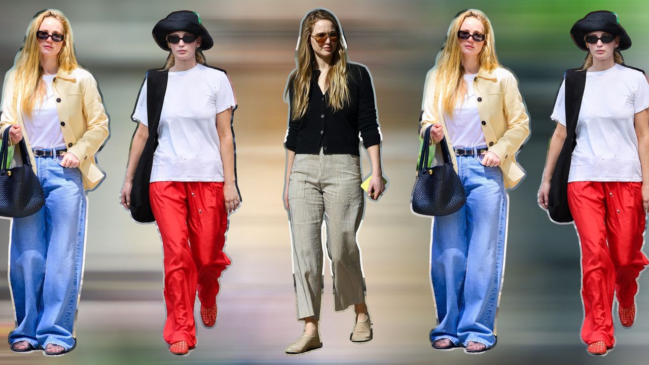 A collage of street style photos of Jennifer Lawrence wearing buzzy shoe trends.