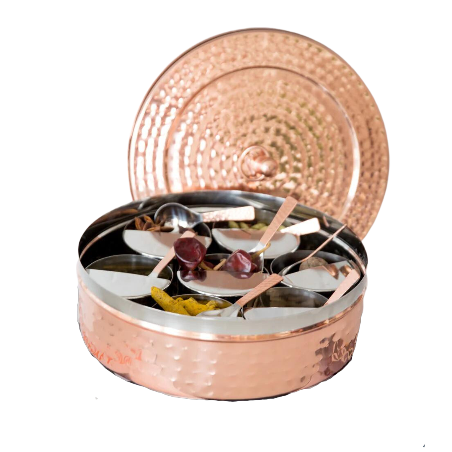 Dabba masala tembaga yang dipalu dengan tujuh mangkuk bumbu