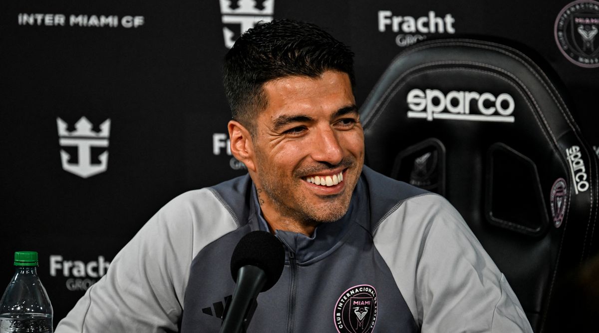 Inter Miami CF&#039;s new Uruguayan striker Luis Suarez speaks at a press conference at DRV PNK Stadium in Fort Lauderdale, Florida, on January 13, 2024. (Photo by CHANDAN KHANNA / AFP) (Photo by CHANDAN KHANNA/AFP via Getty Images)