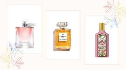 A composite image of three of the best perfume deals in August 2023, on a cream background with floral graphics.