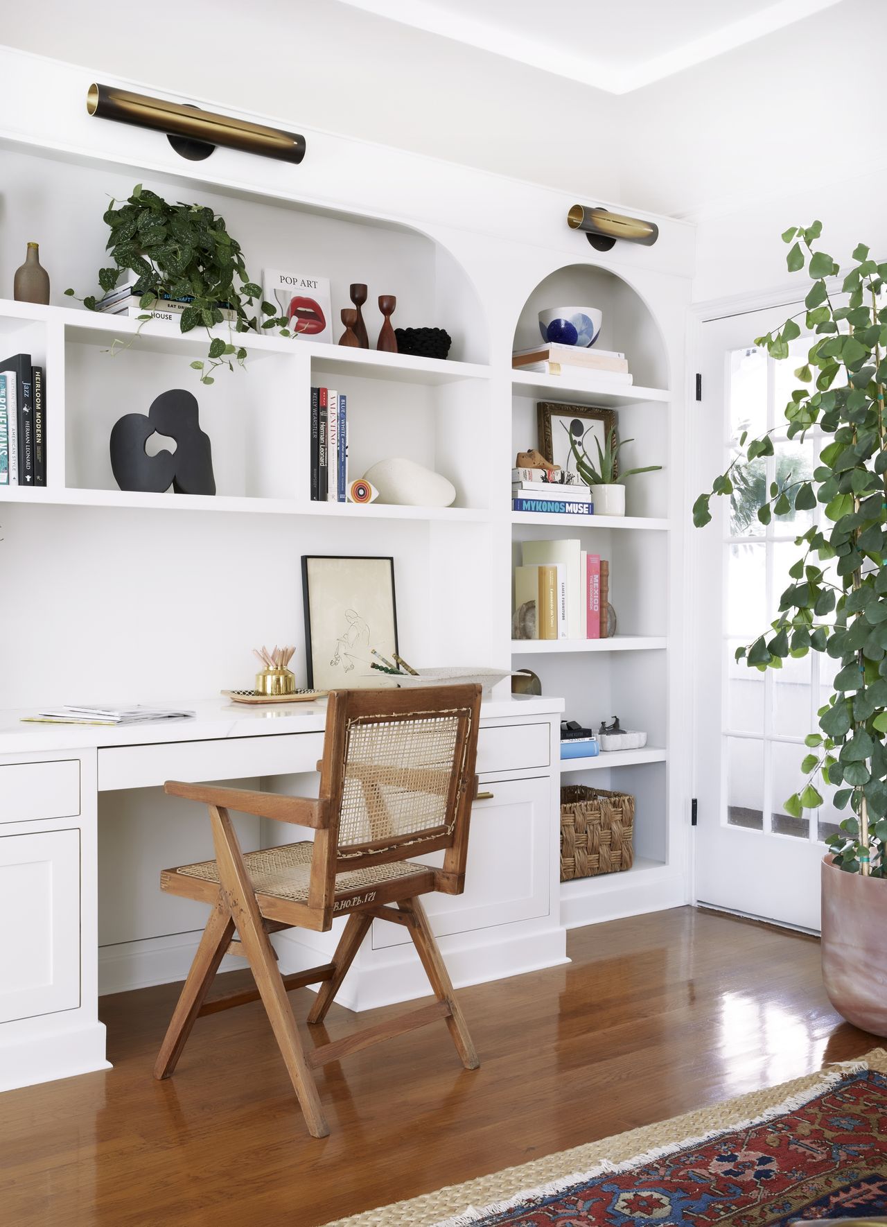 Living room shelves with built-in desk