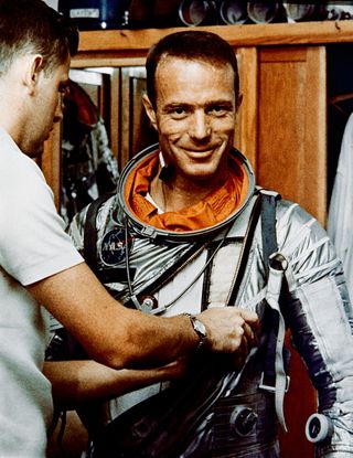 Astronaut Scott Carpenter in Hanger S Crew Quarters During Suiting Exercise 