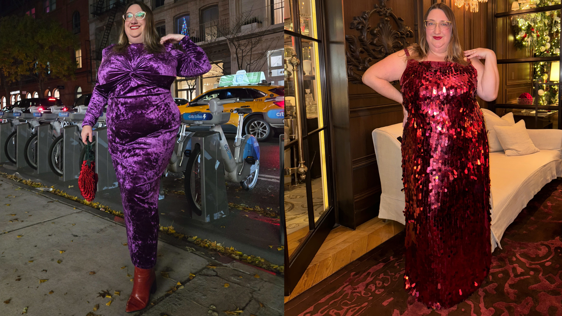 Sarah Chiwaya wearing non-boring holiday party dresses