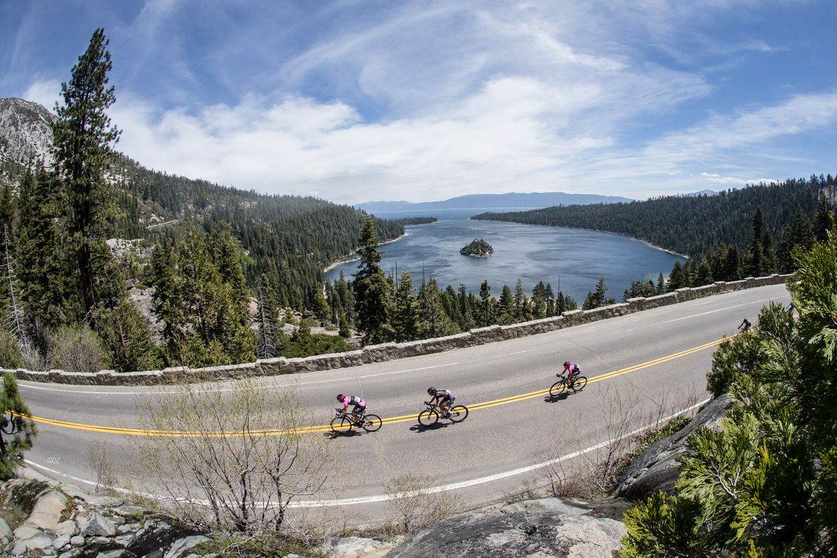 The three leaders make their way past Emerald Bay