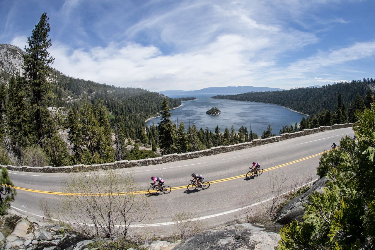 The three leaders make their way past Emerald Bay