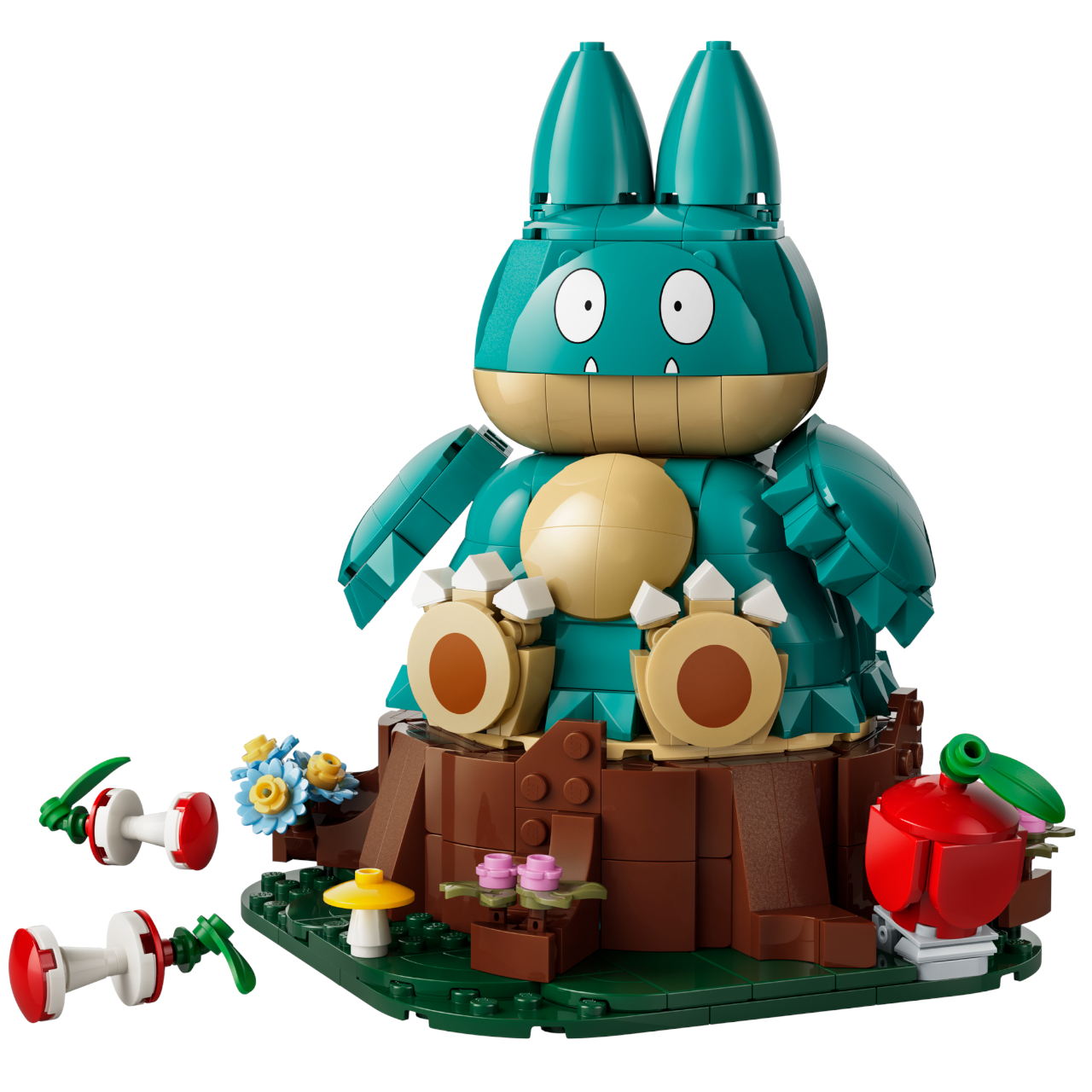 Lego Munchlax sat on a tree stump, with apple cores strewn around on a white background