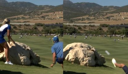 A golf ball hits the rock and runs through