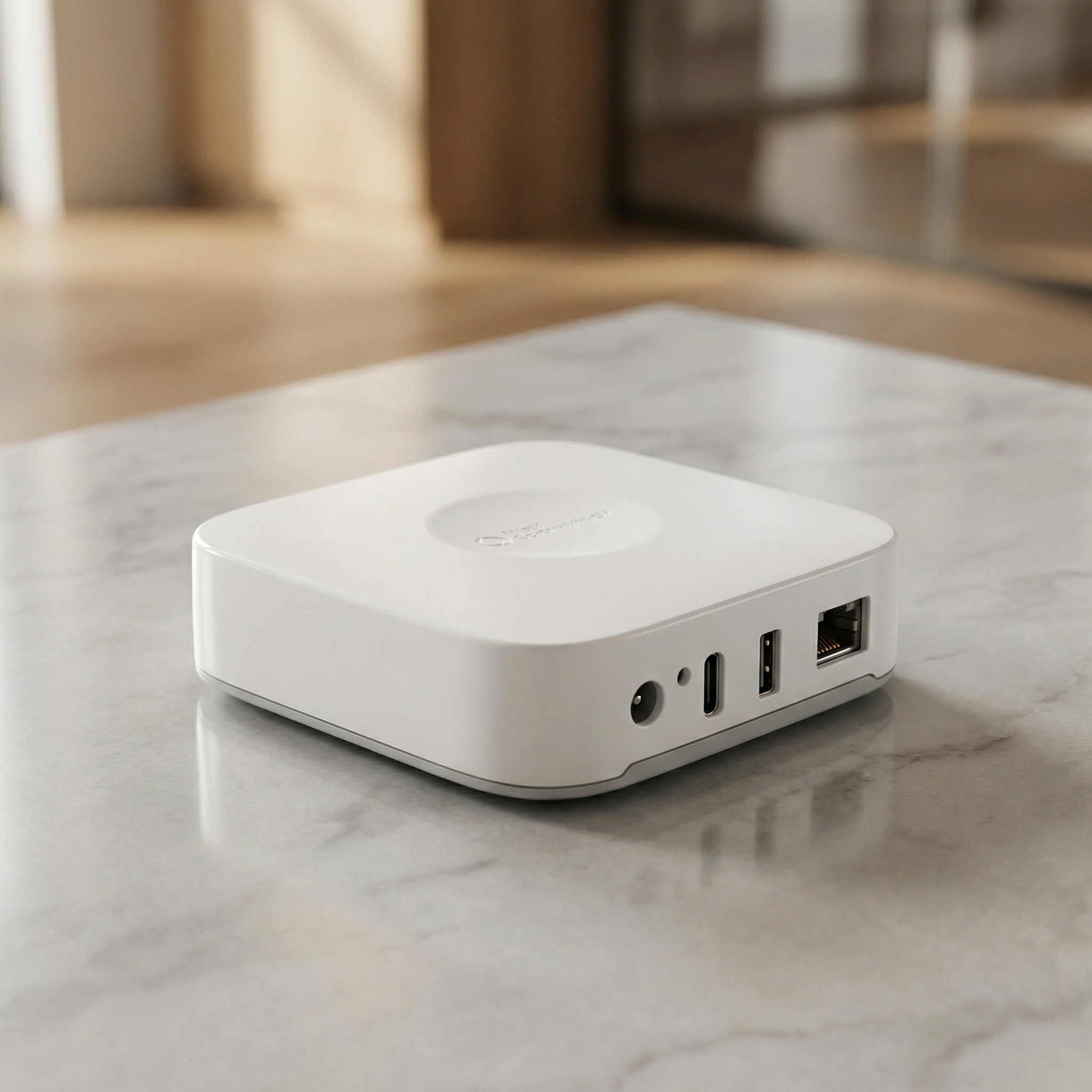 Samsung SmartThings Hub, one of the best smart hubs, on a marble surface