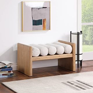 Meridian Furniture 177cream Waverly Collection Modern | Contemporary Bench With Solid Wood Rich Natural Finish, Luxurious Cream Boucle Fabric, 32