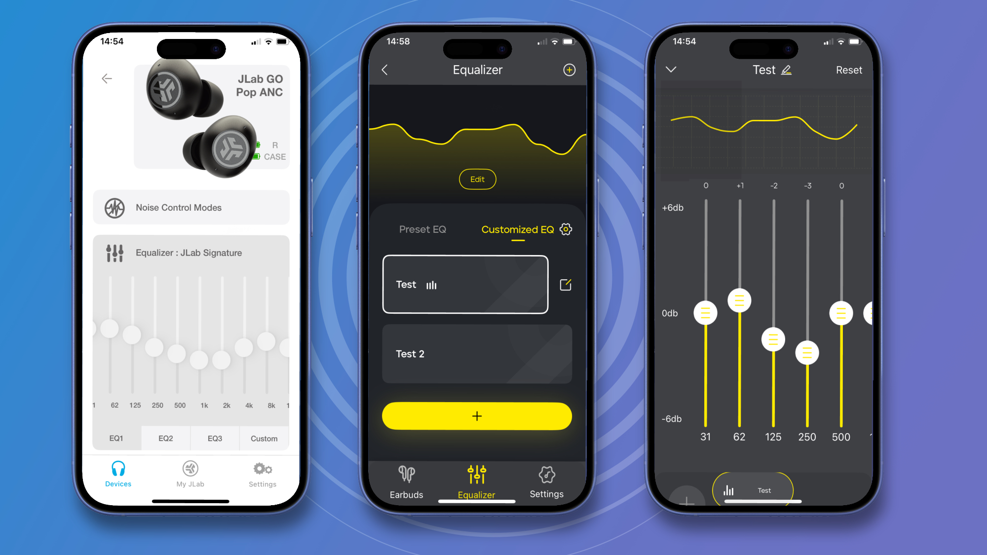 Three phone screens show EQ customization screenshots in JLAB and Tribit applications.