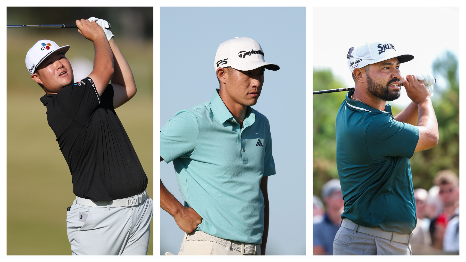 Sungjae Im holding the pose after an iron shot, Collin Morikawa looking stern and JJ Spaun looking concerned after hitting a tee shot