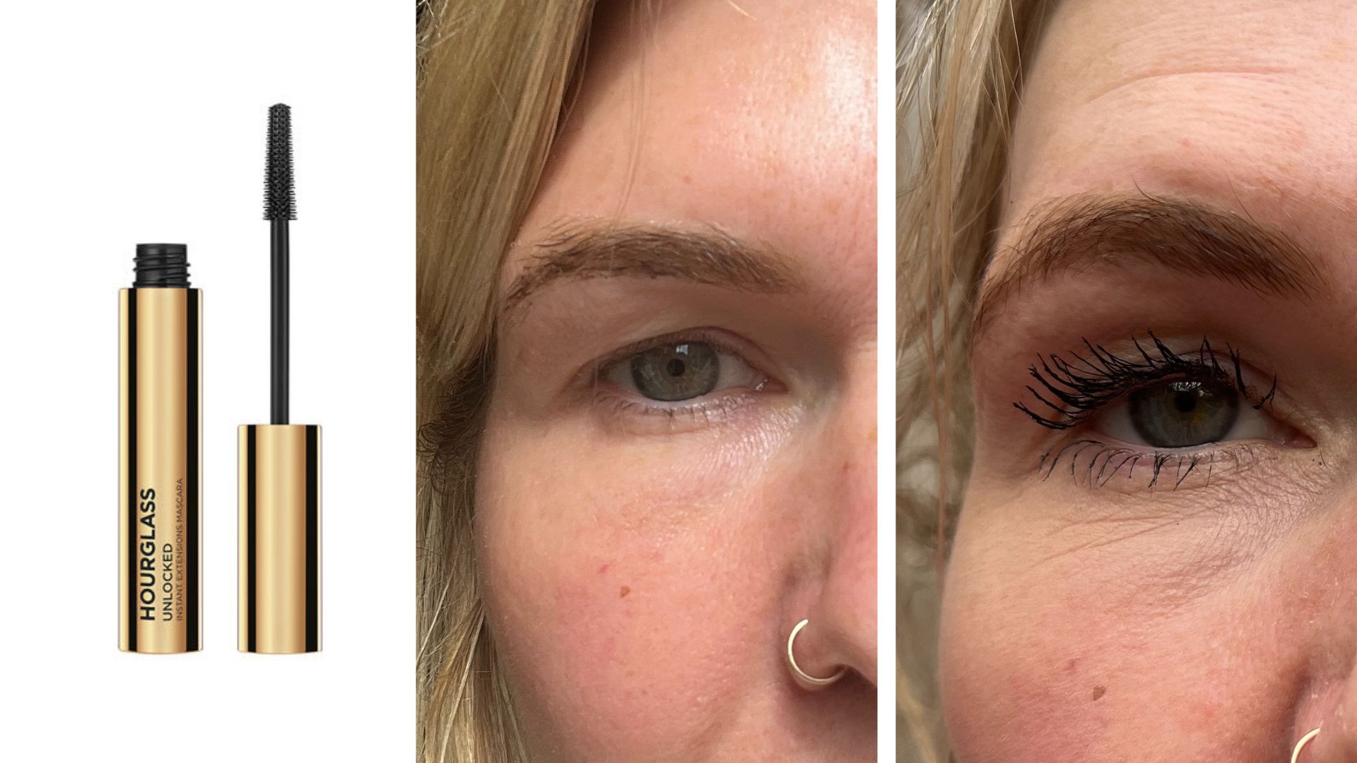 Fiona McKim&#039;s lashes before and after wearing Hourglass Unlocked Instant Extensions Mascara, next to a product shot