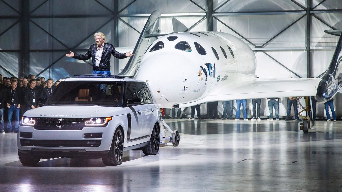 At the Mojave Air and Space Port in California, Range Rover Autobiography tows the new spaceship VSS unity,