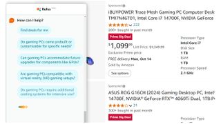 Amazon's Rufus AI bot chatbox with gaming PC recommendations.