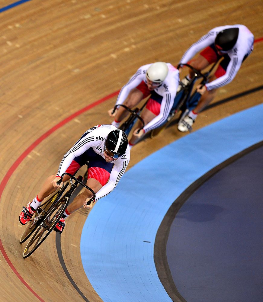 Philip Hindes leads Great Britain in the Men's Team Sprint qualification round during the UCI Track Cycling World Championships