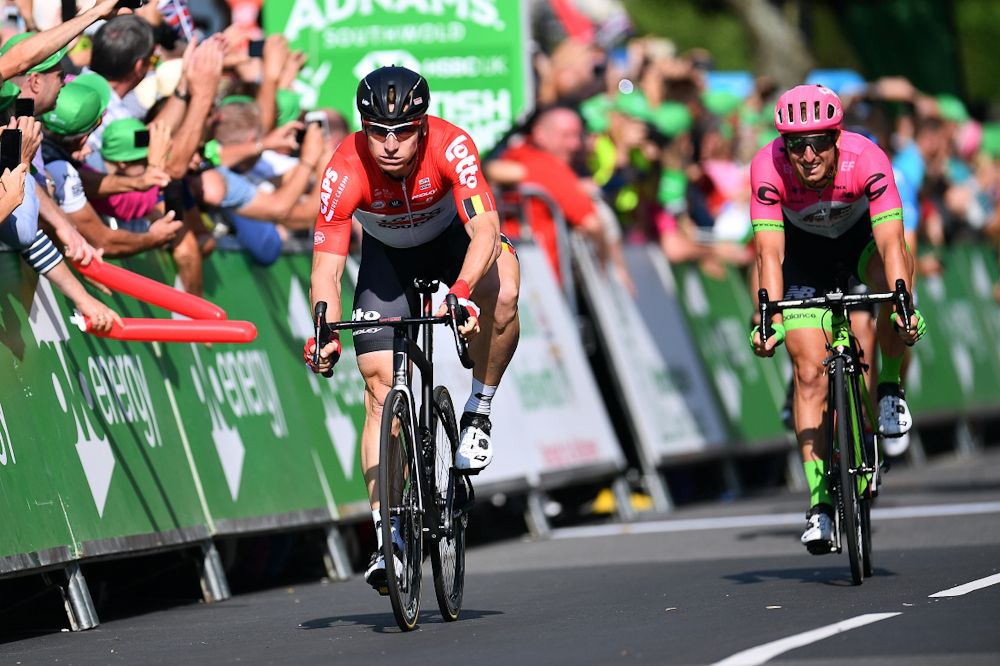 Andre Greipel after crossing the line to win stage 4 in Britain
