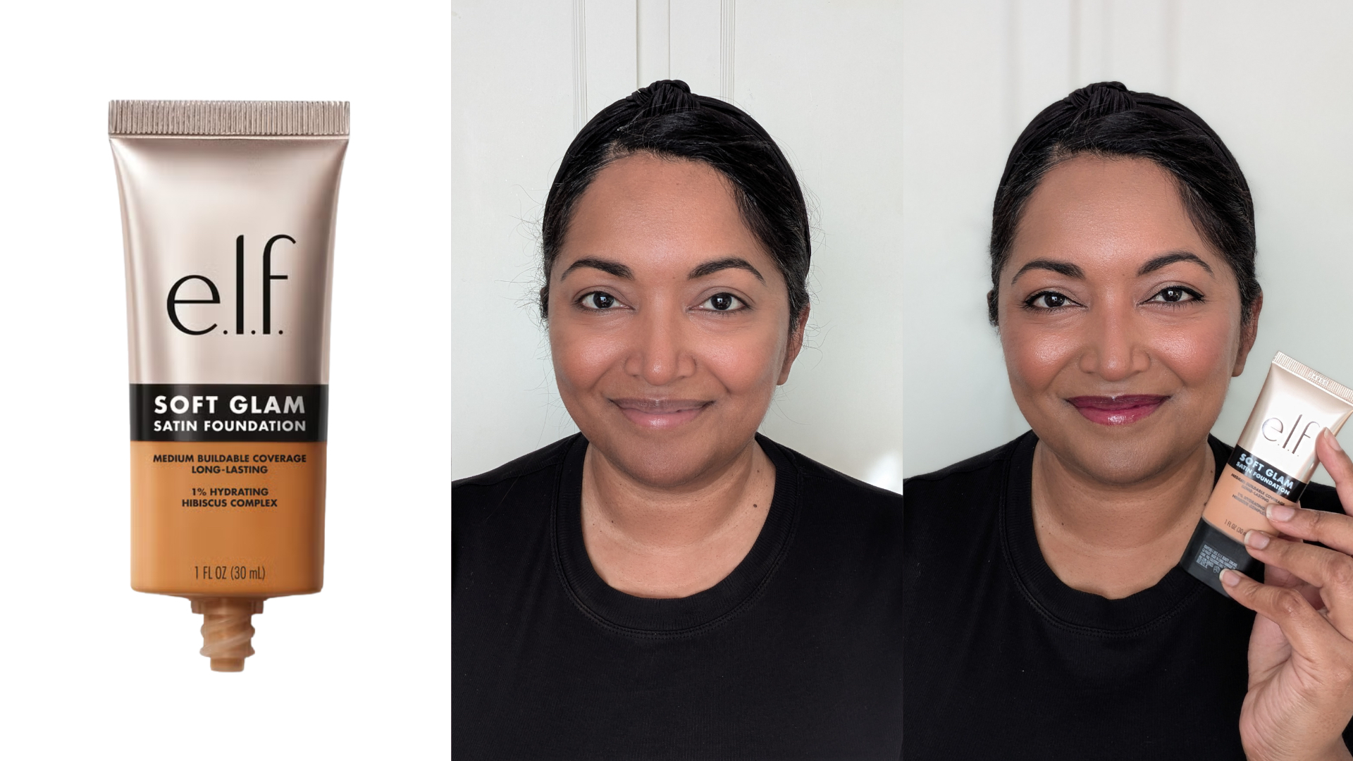 Collage of the elf Soft Glam Satin Foundation (left) and Ayesha before and after applying the foundation (centre and right)