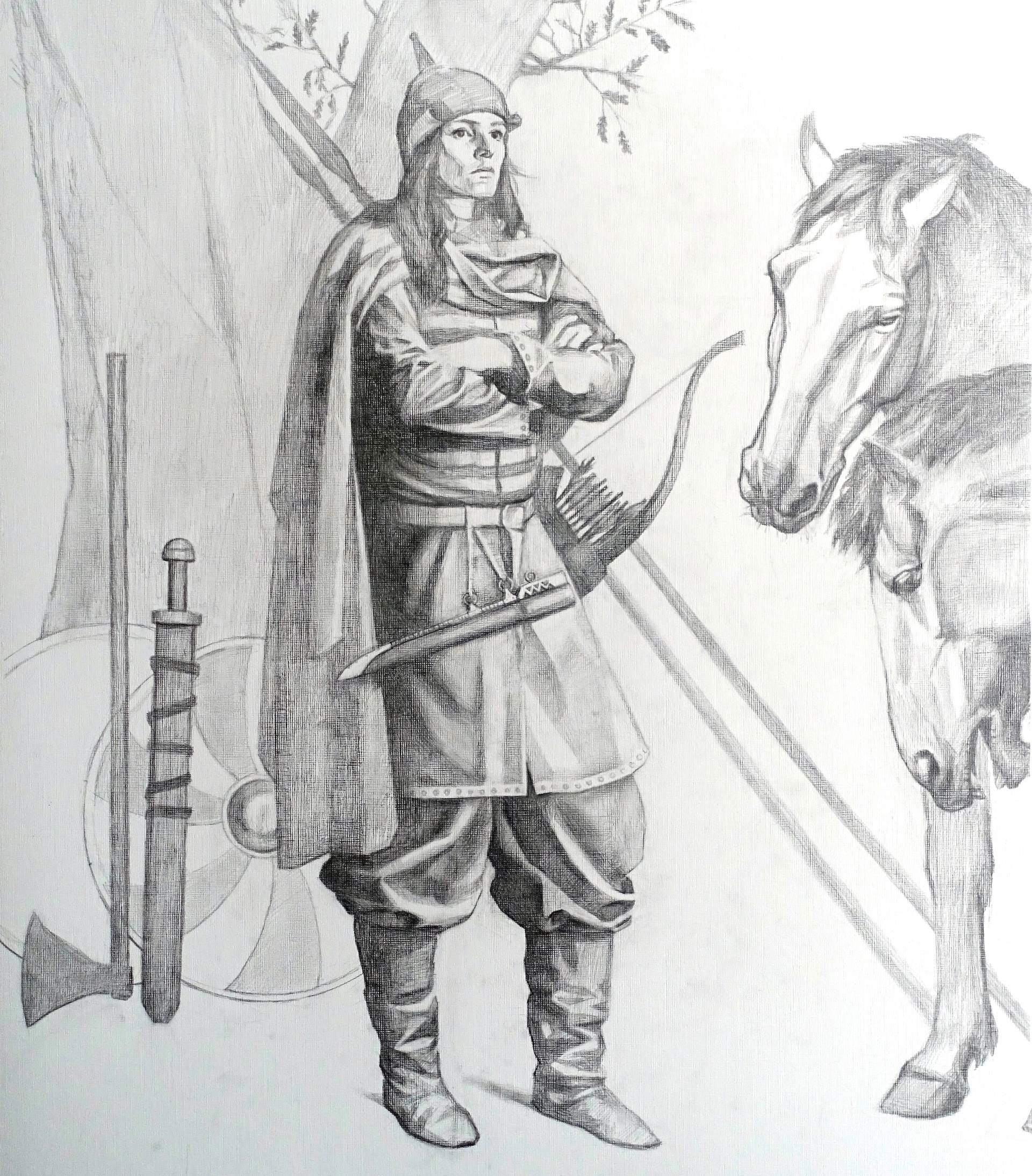 An illustration of a Viking warrior woman with her weapons and horses