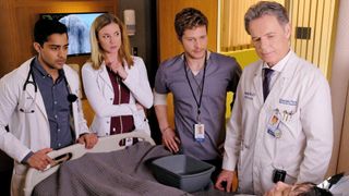(L to R) Manish Dayal, Emily VanCamp, Matt Czuchry and Bruce Greenwood in The Resident