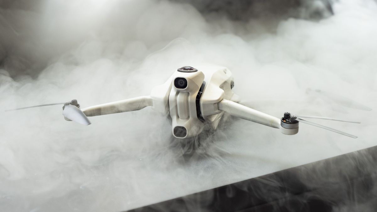 Antigravity A1 drone by Insta360 emerging from cold mist