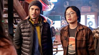 Darren Barnet and Jimmy O. Yang stand side by side expressing confusion as Tag and Josh in Love Hard