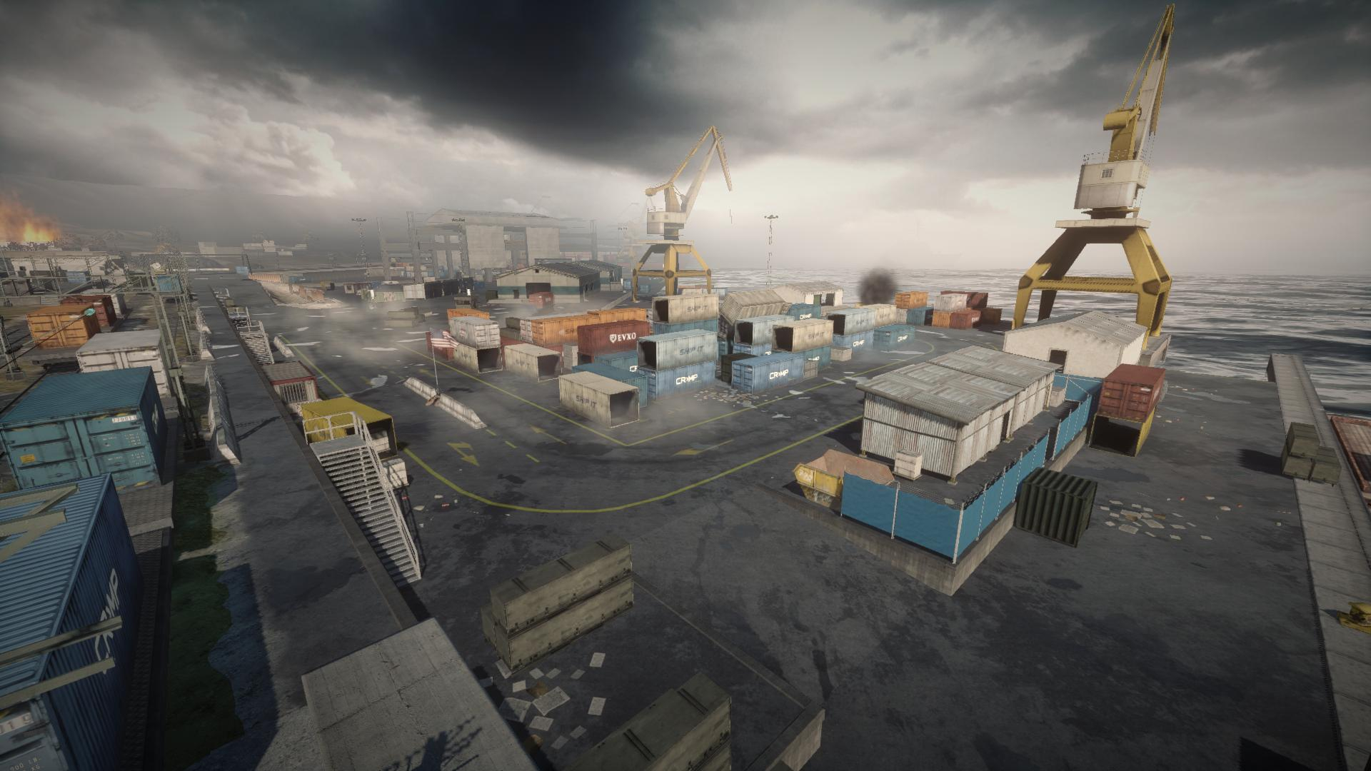 Battlefield 6 community map remakes: Shipping containers and cranes in a dock in the Noshahr Canals map from Battlefield 3.