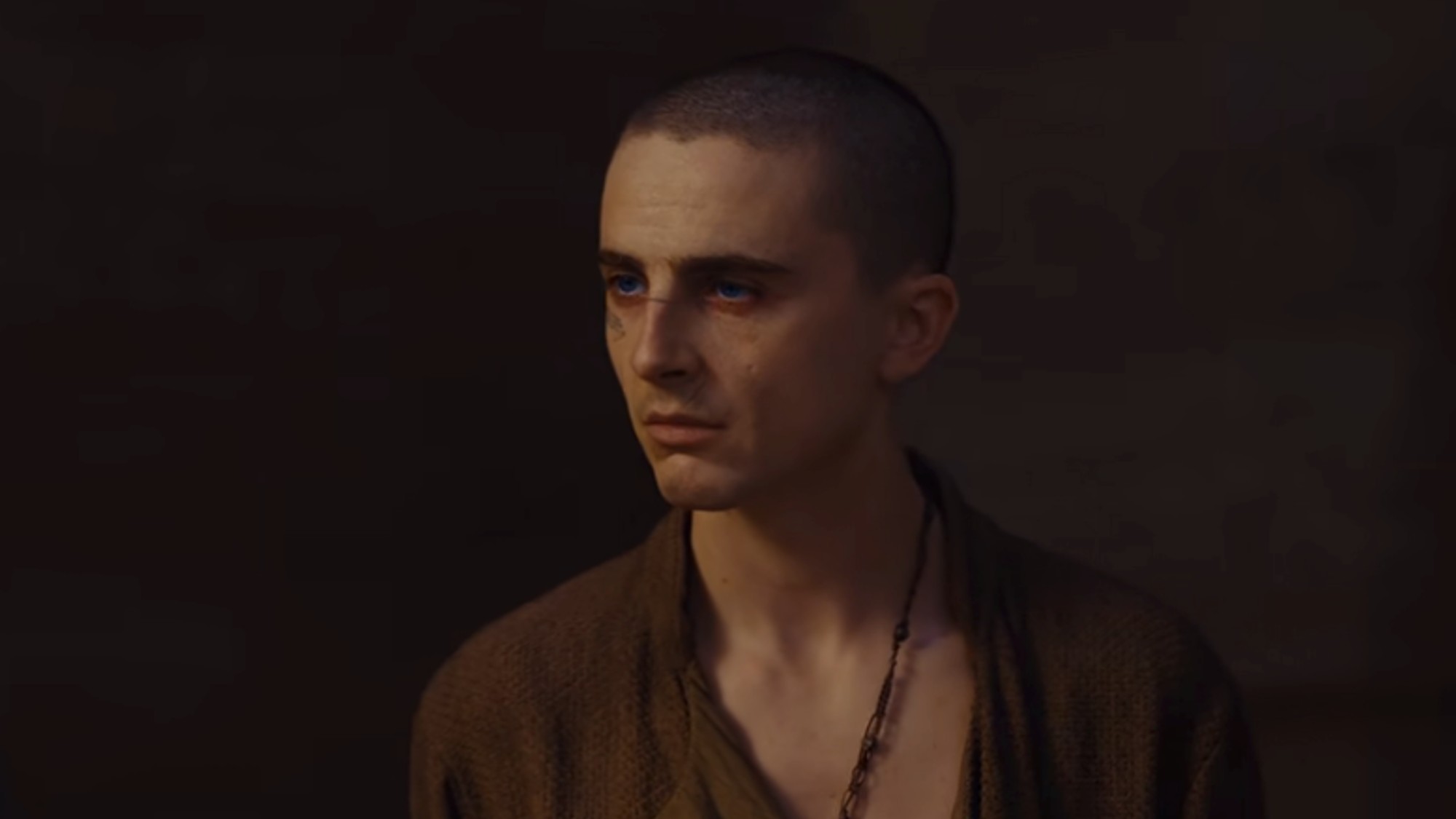 Timothee Chalamet with a shaved head in Dune Part III