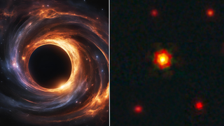 (Left): An illustration of a feeding supermassive black hole. (Right) The "red dots" identified in the region of the sky around the quasar J1030. BiRD is the object in the center: it stands out from the other red dots because it is closer and, therefore, brighter