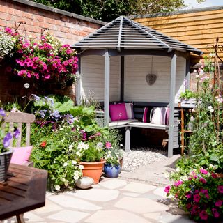 patio area with shady spot under an arbour