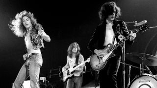 Led Zeppelin' performs onstage at the Forum on June 3, 1973 in Los Angeles, California. (L-R) Robert Plant, John Paul Jones, Jimmy Page, John Bonham.